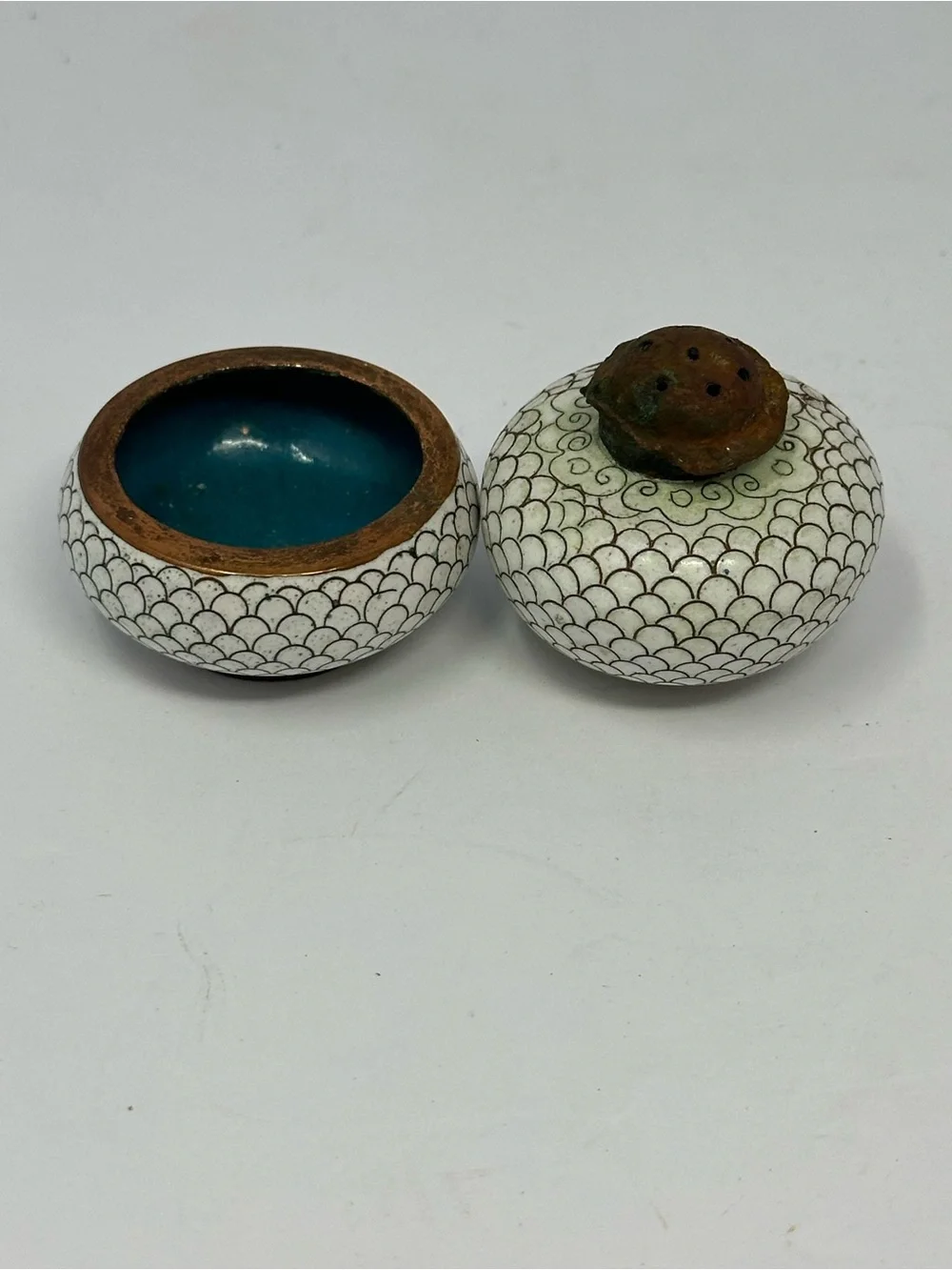 Vintage Chinese Cloisonné Enamel Individual Open Salt Cellar & Pepper Shaker Set